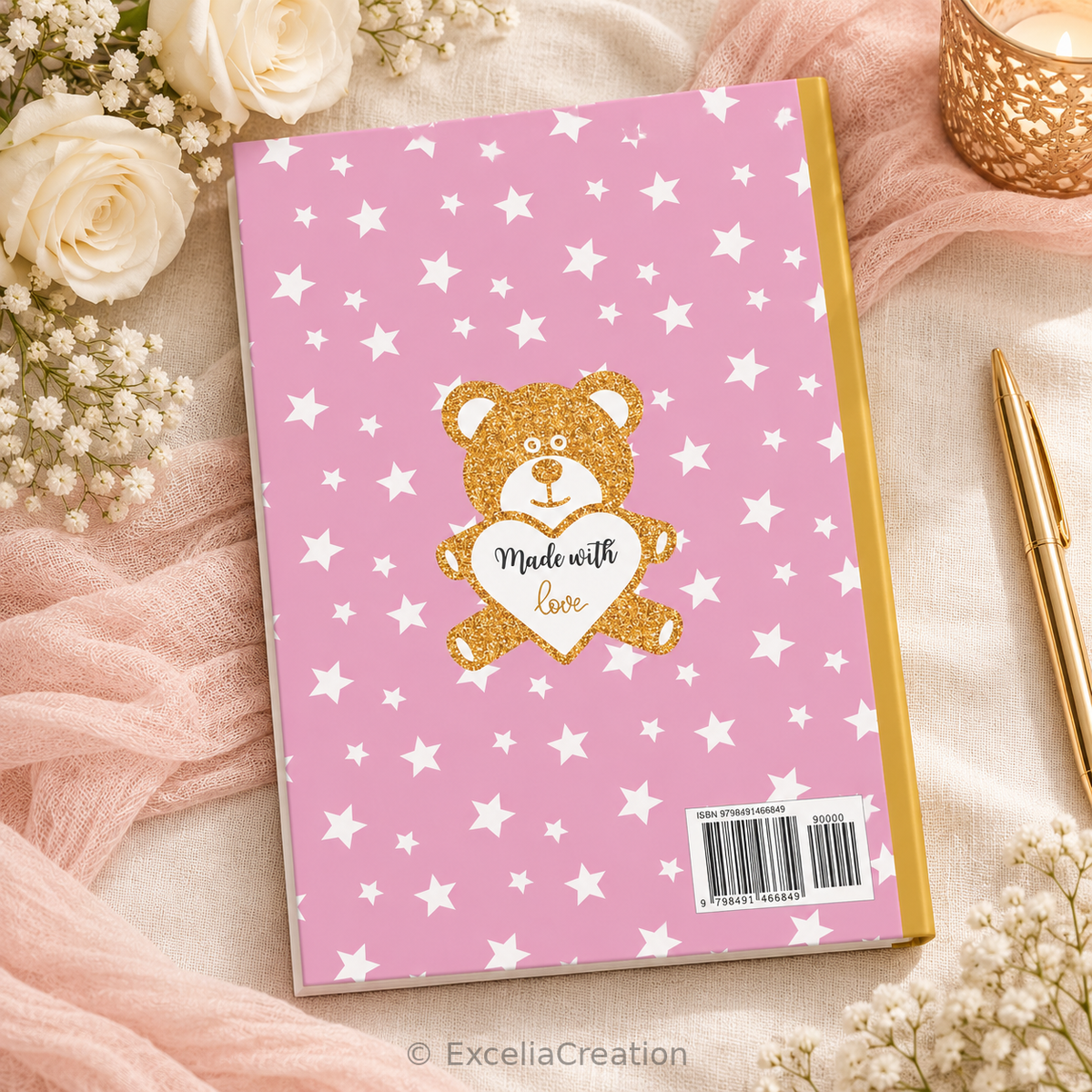 Quatrième de couverture rose étoilée avec ourson Made with love