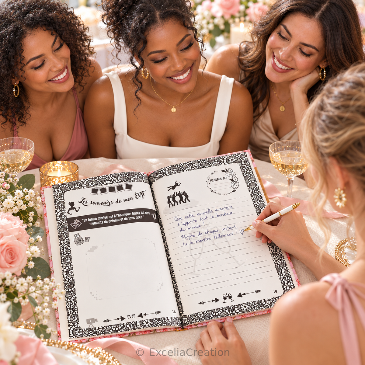 Une amie écrit dans le livre d’or EVJF auprès de la future mariée et des copines