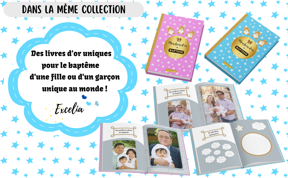 Mon livre d'or de baptême bleu étoilé - Idée cadeau à offrir pour le baptême d'un garçon