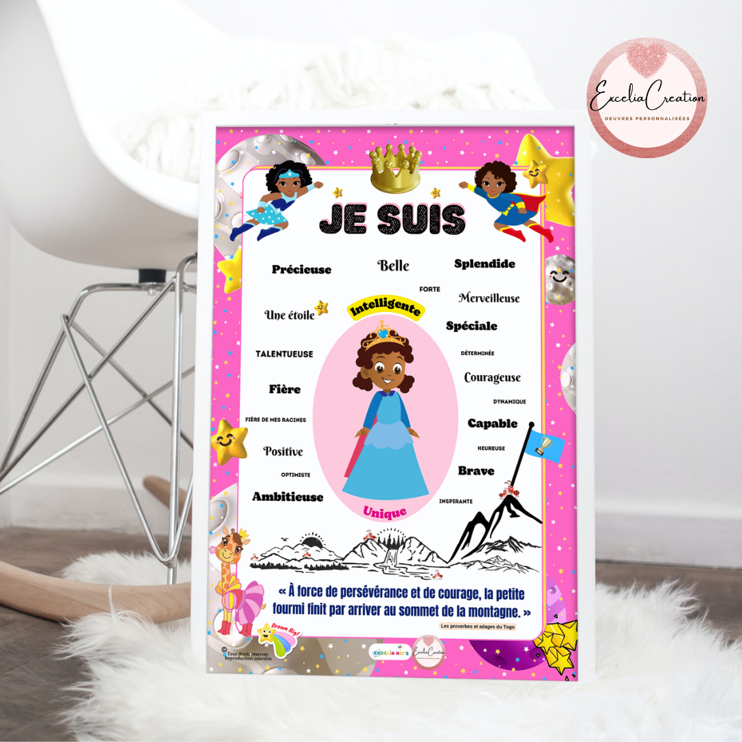 Tableau de motivation "JE SUIS" pour booster le mindset de votre fille - Modèle Fille