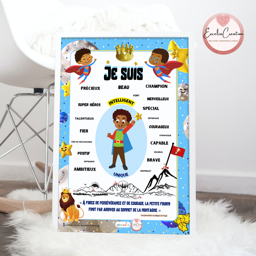Tableau de motivation "JE SUIS" pour booster le mindset de votre fils - Modèle garçon