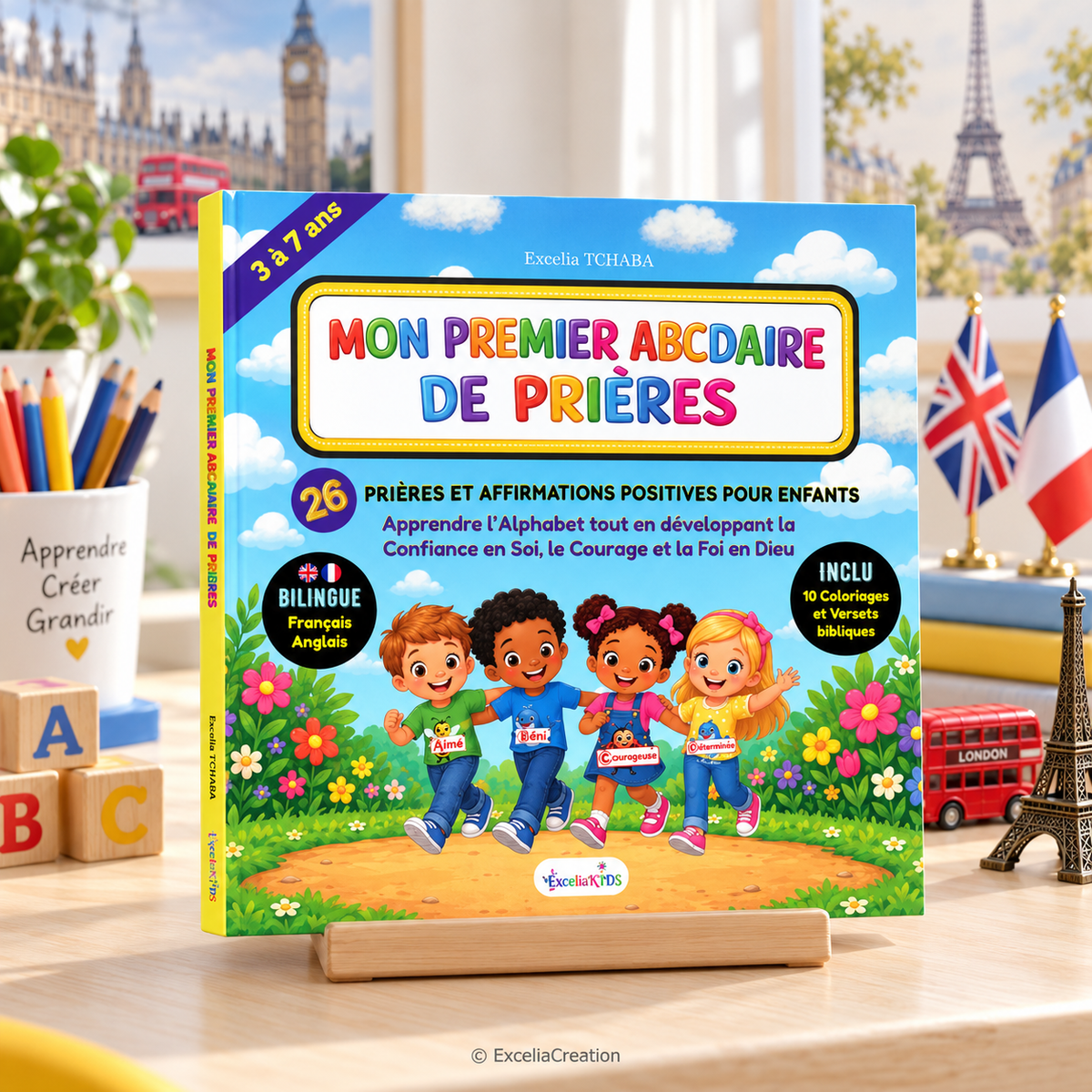 Le livre sur table dans un décor de Paris et Londres