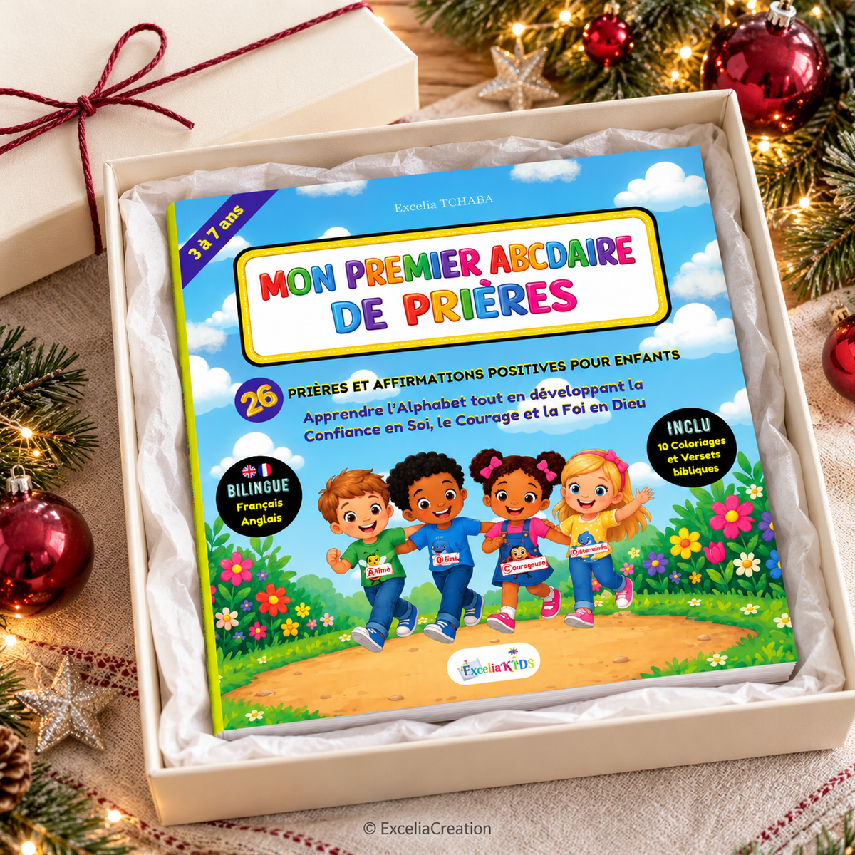 Le livre dans un coffret de Noël crème ouvert