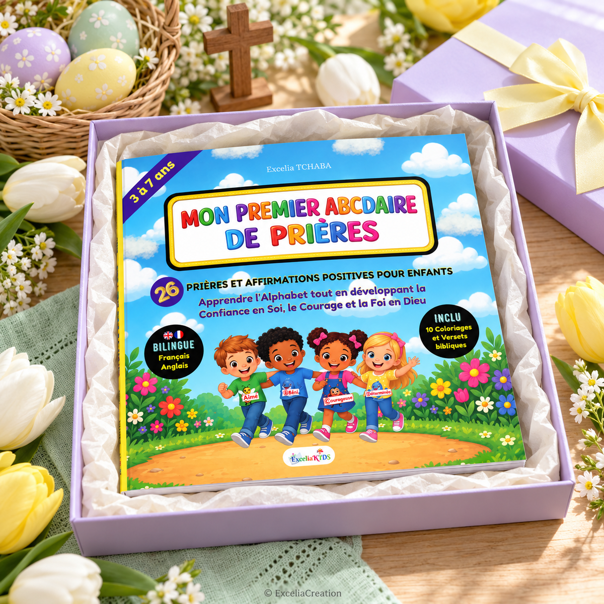 Le livre dans un coffret de Pâques lilas