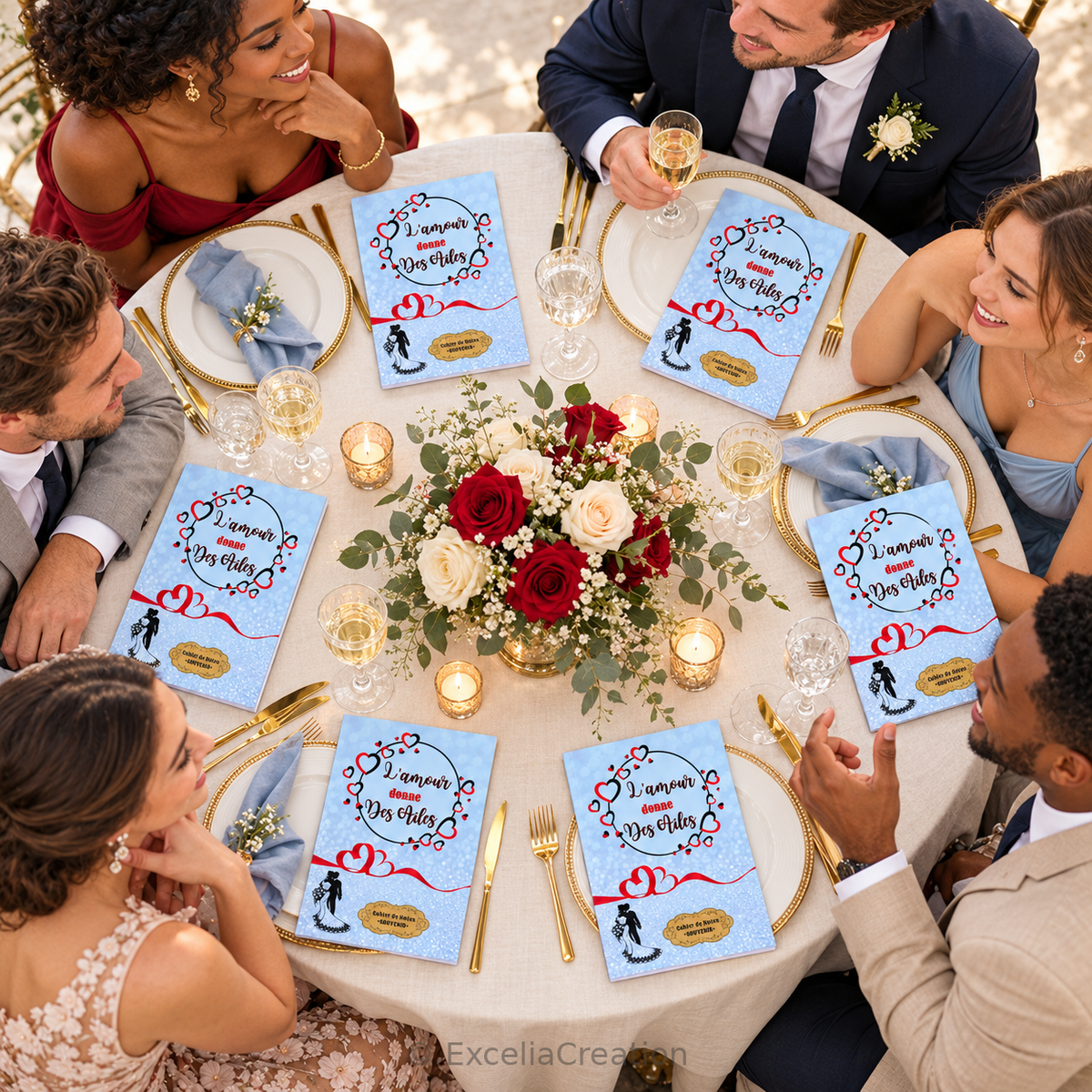 Cahiers souvenirs disposés sur une table de mariage