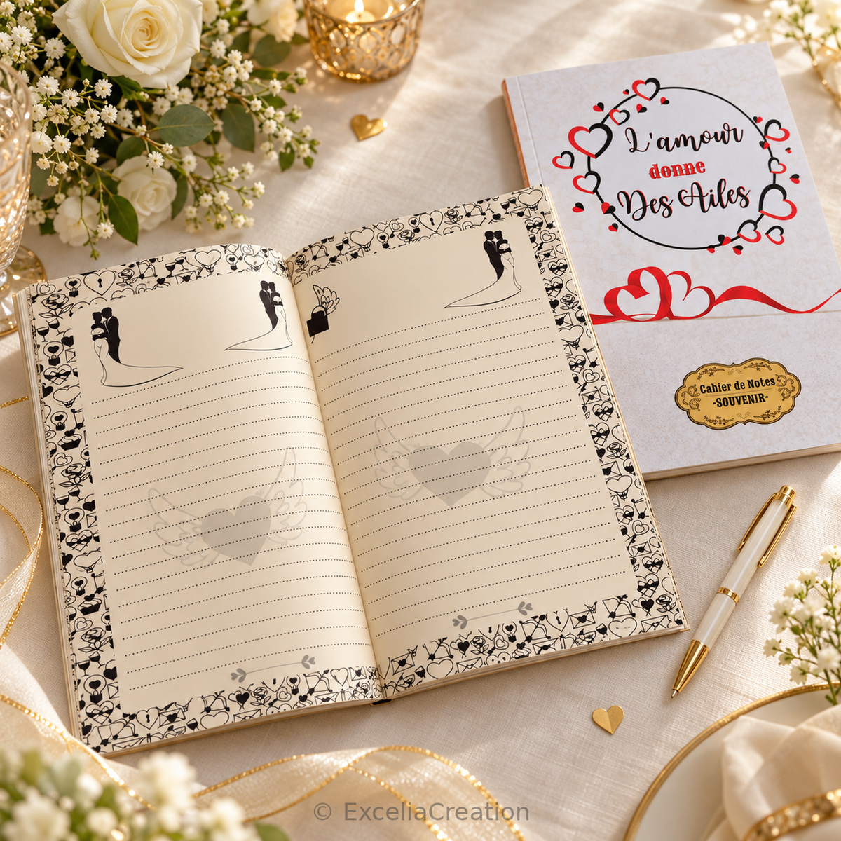 Pages de notes illustrées du cahier souvenir ouvert