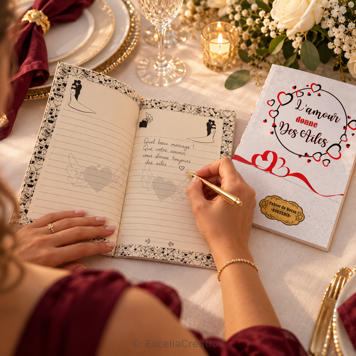 Invitée écrivant dans son cahier souvenir au mariage