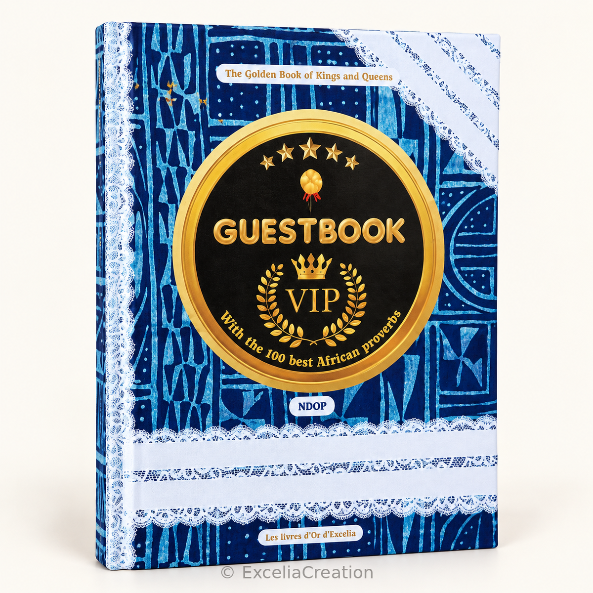 English edition of the blue Ndop VIP hardcover guestbook with 100 African proverbs