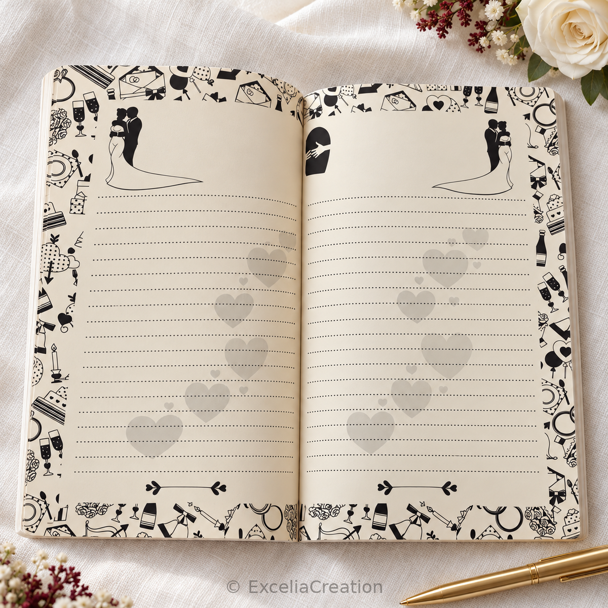 Pages de notes lignées du cahier souvenir de mariage