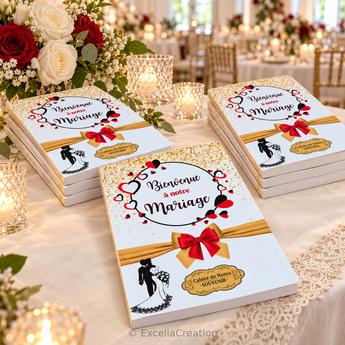 Cahiers souvenir disposés en piles sur une table de mariage