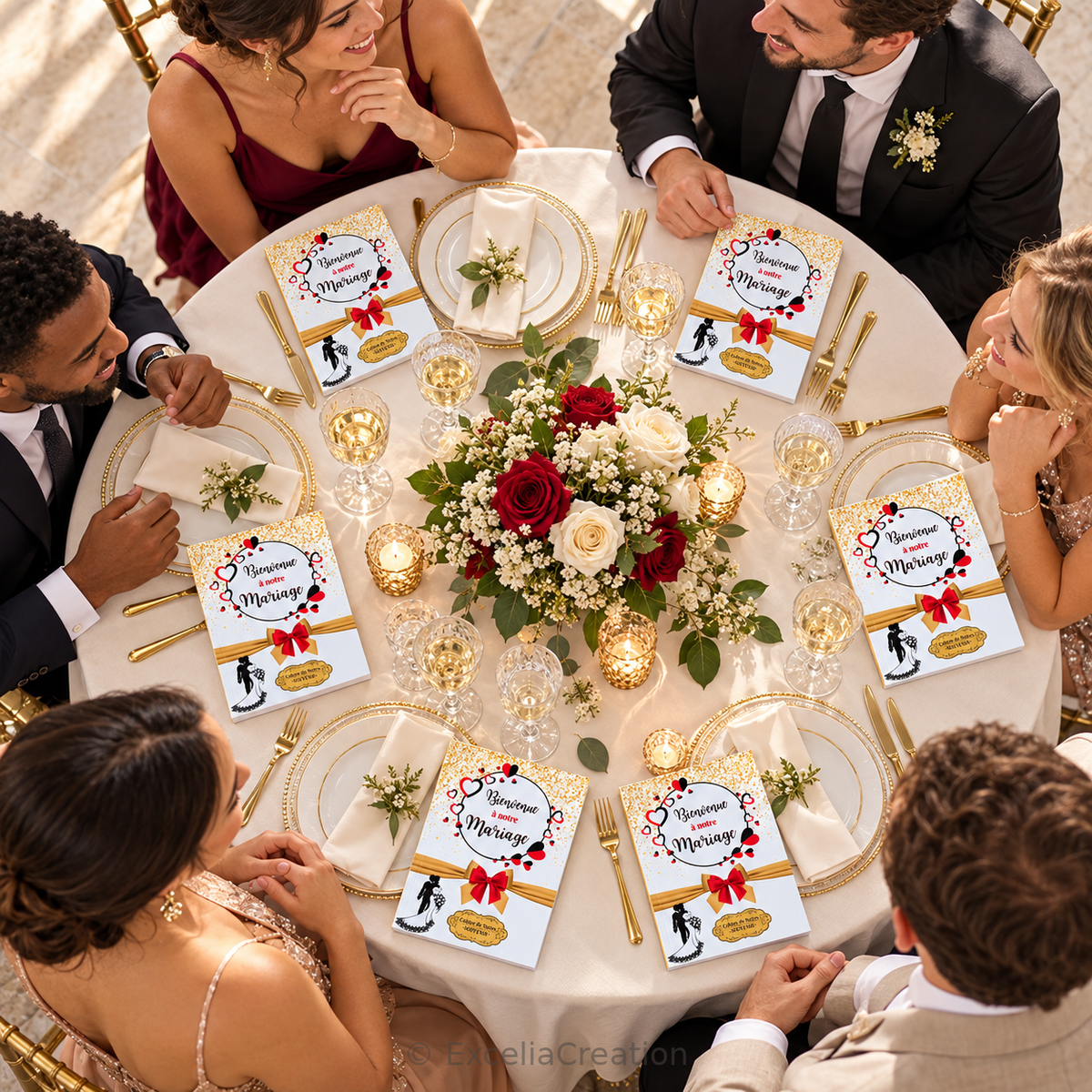 Vue du dessus d’une table de mariage avec les invités et un cahier souvenir à chaque place