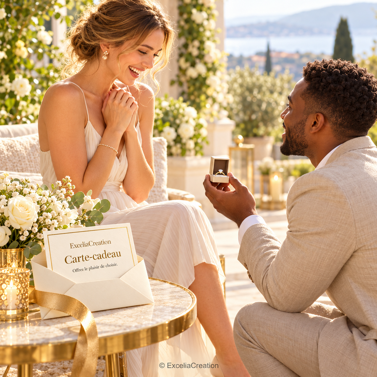 Carte-cadeau ExceliaCreation dans une mise en scène de demande en mariage