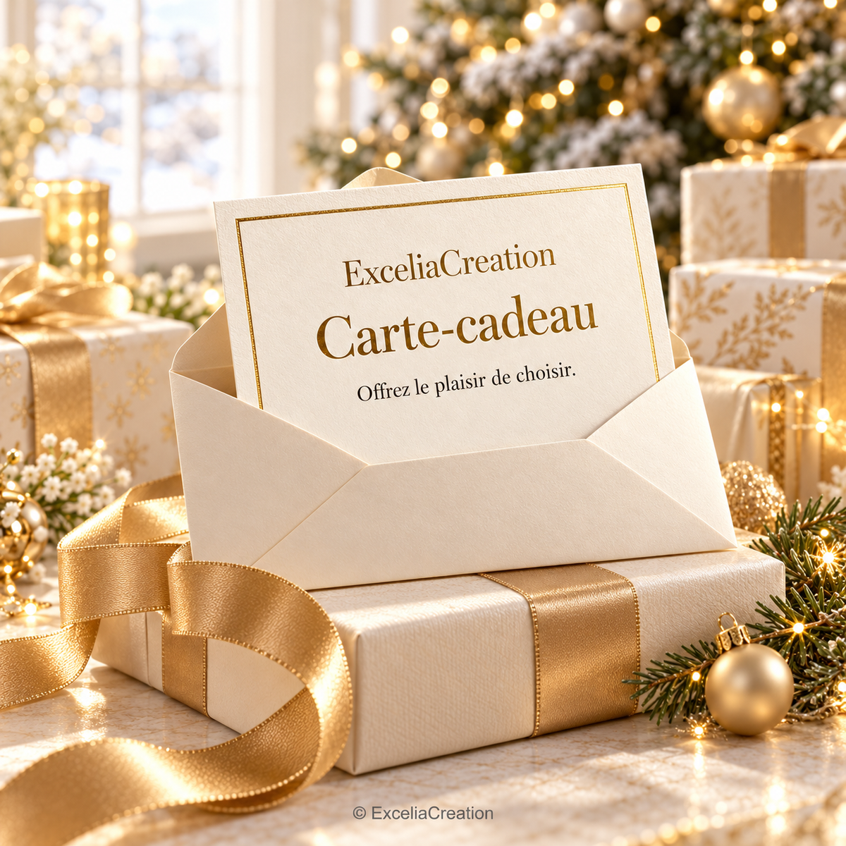 Carte-cadeau ExceliaCreation dans un décor de Noël crème et or