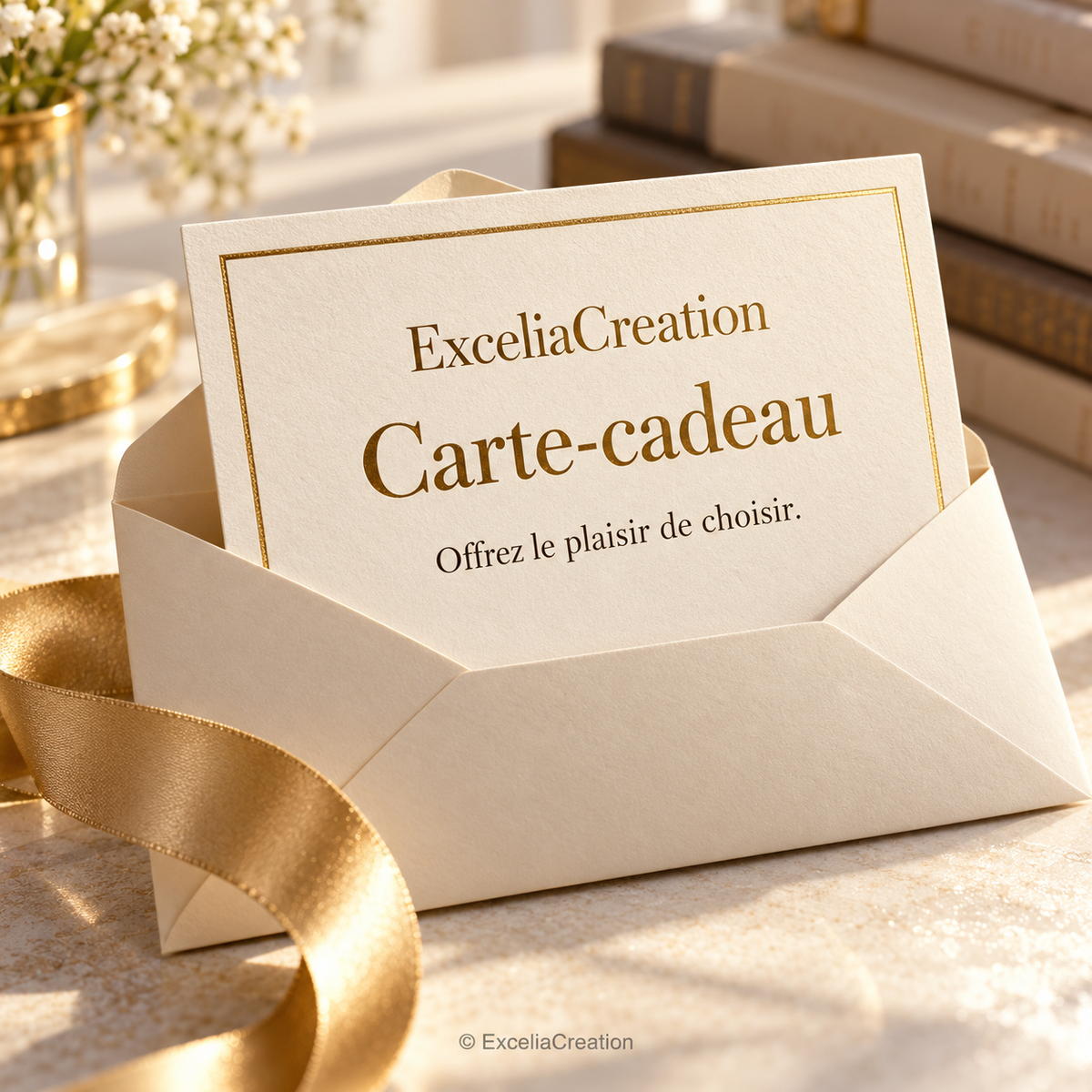 Carte-cadeau ExceliaCreation crème et or dans une enveloppe