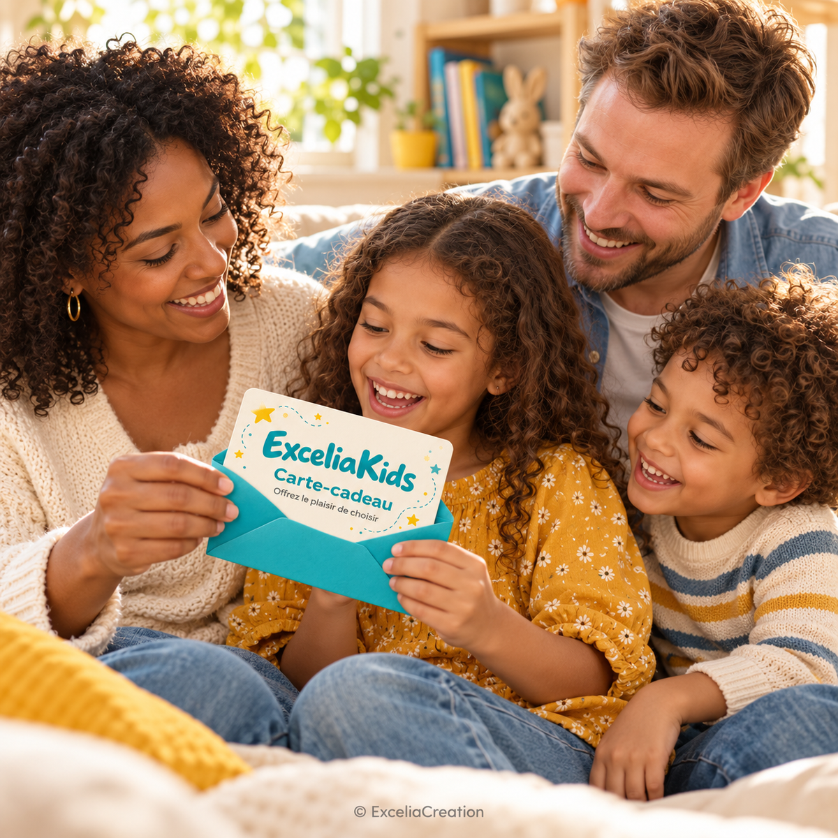 Une famille découvre la carte-cadeau ExceliaKids