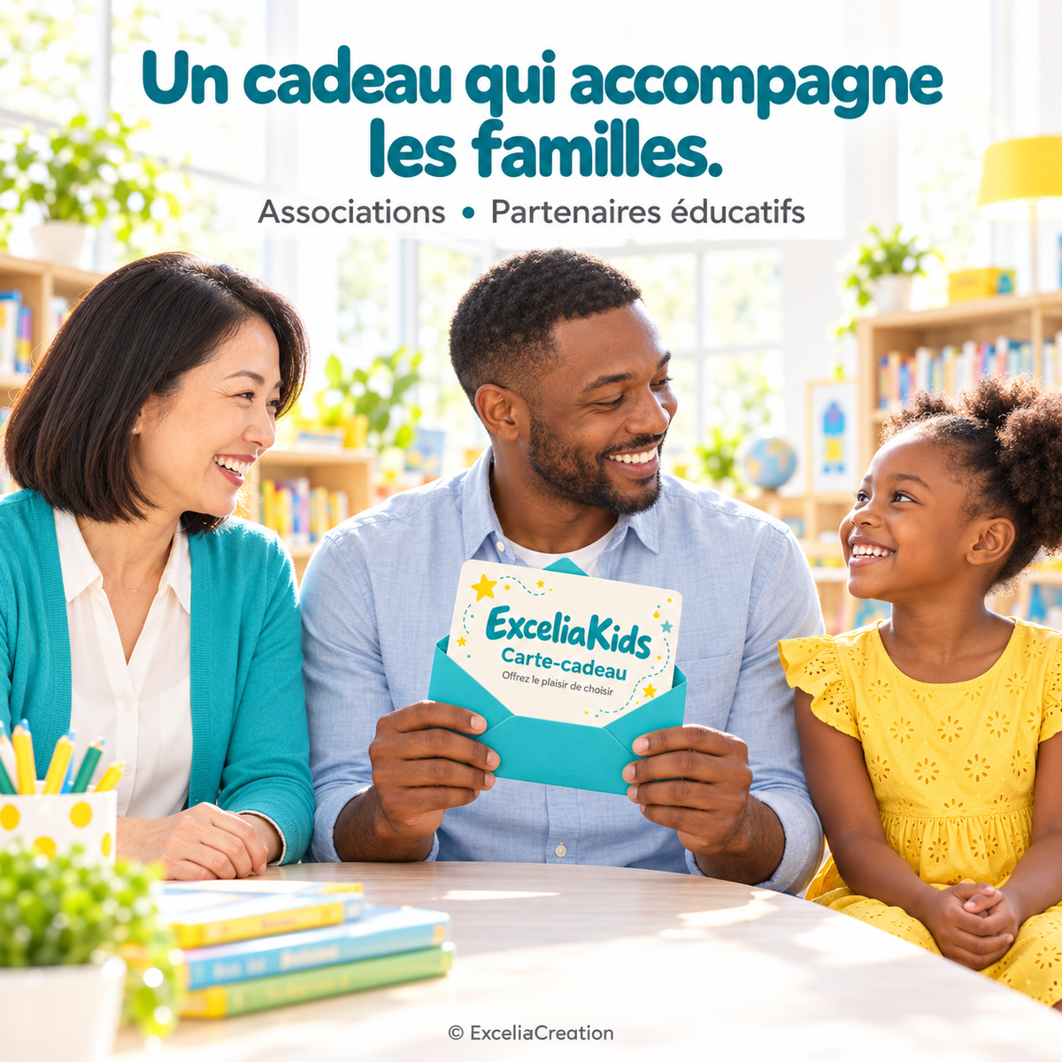 Un père et sa fille découvrent la carte-cadeau avec une professionnelle
