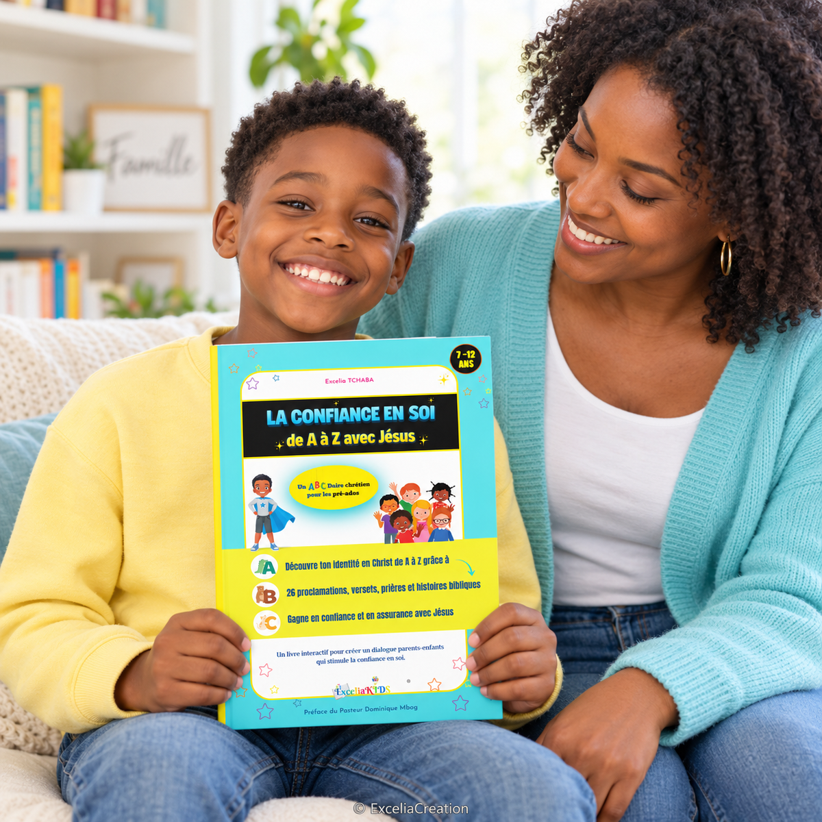 Un enfant présente son livre avec sa maman