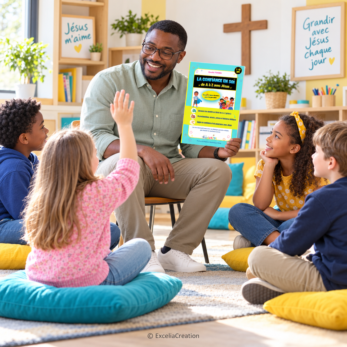 Un animateur présente le livre à un groupe d’enfants