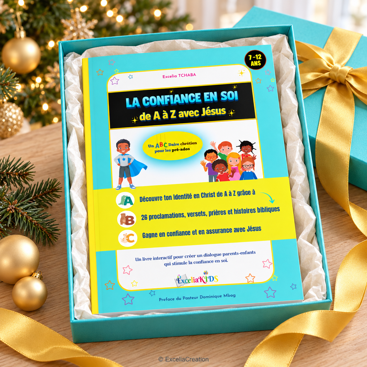 Le livre dans un coffret de Noël turquoise et or