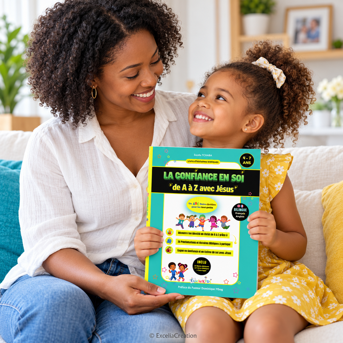 Une maman et sa fille présentent le livre chrétien bilingue