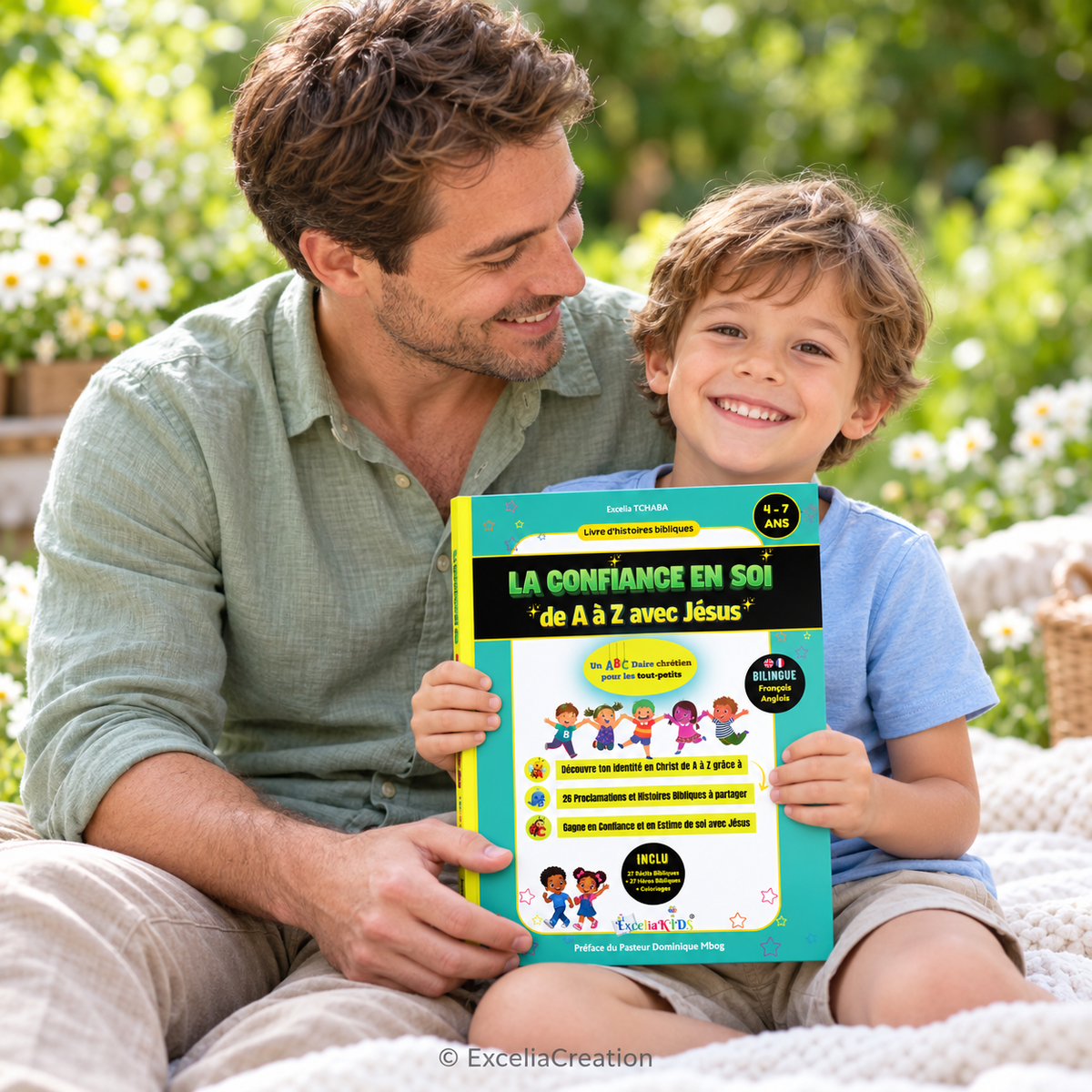 Un papa et son fils avec leur livre au jardin
