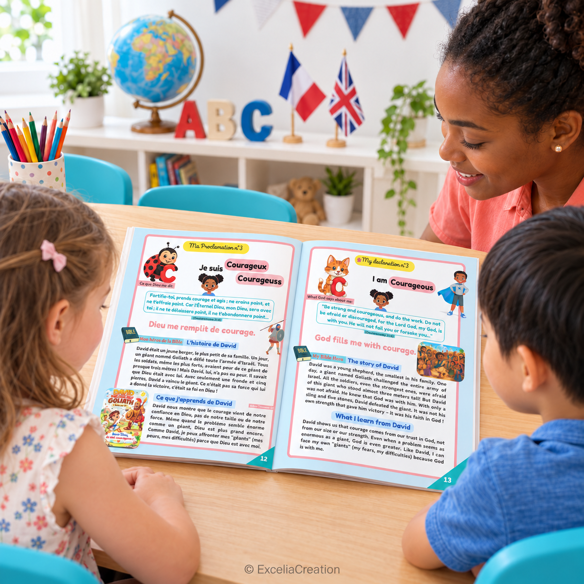 Atelier bilingue avec une animatrice et deux enfants