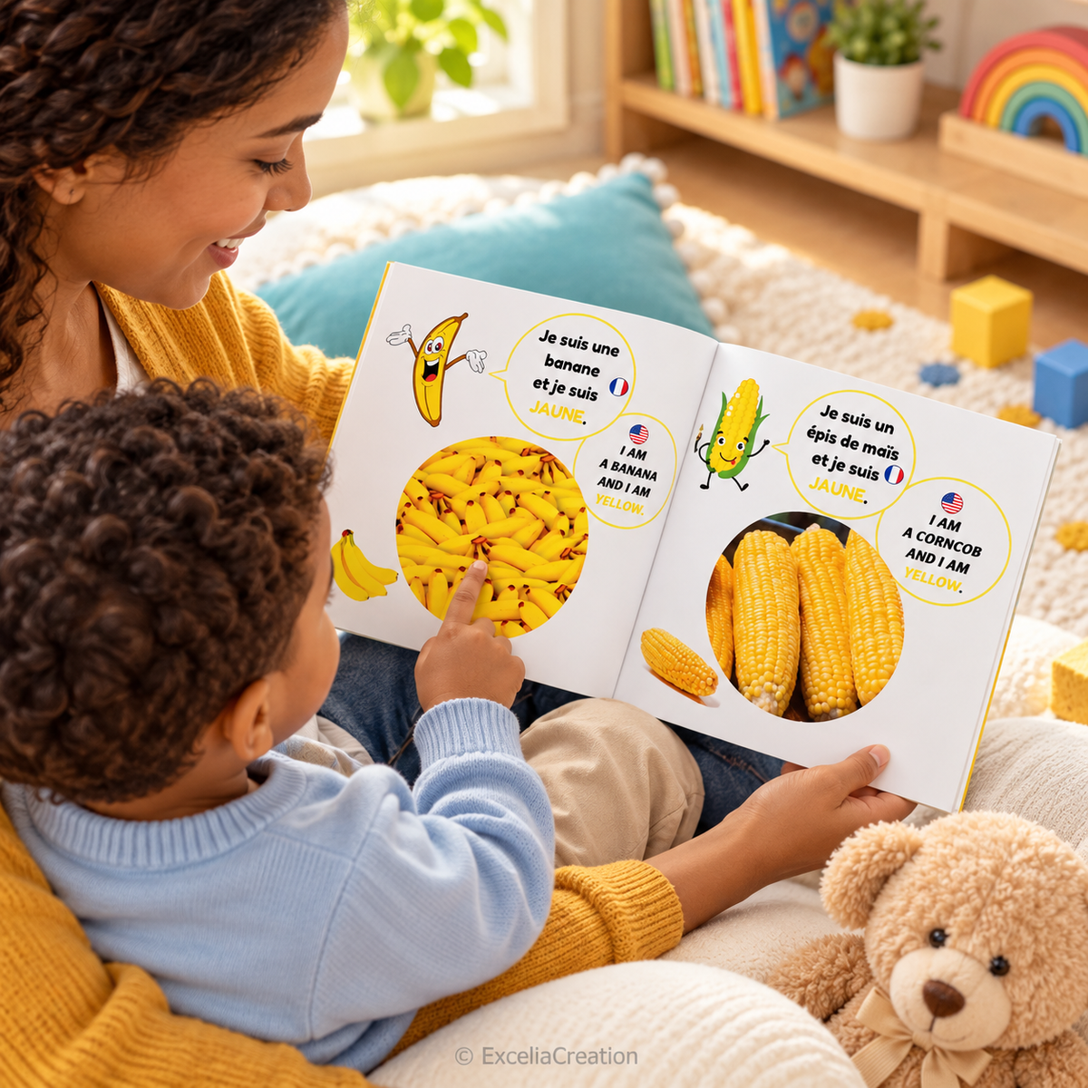 Mère et enfant découvrant banane et maïs