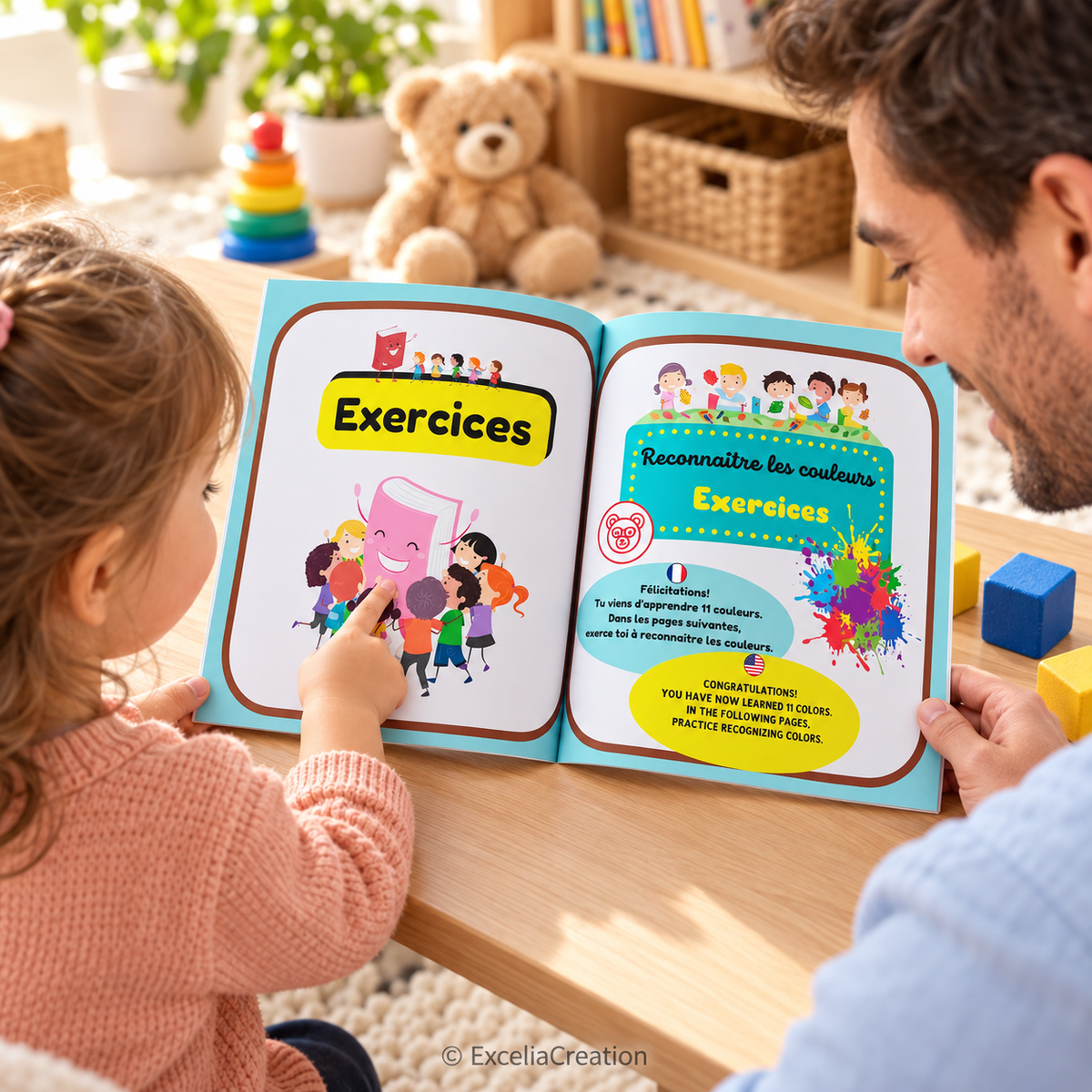 Père et fille découvrant les pages Exercices