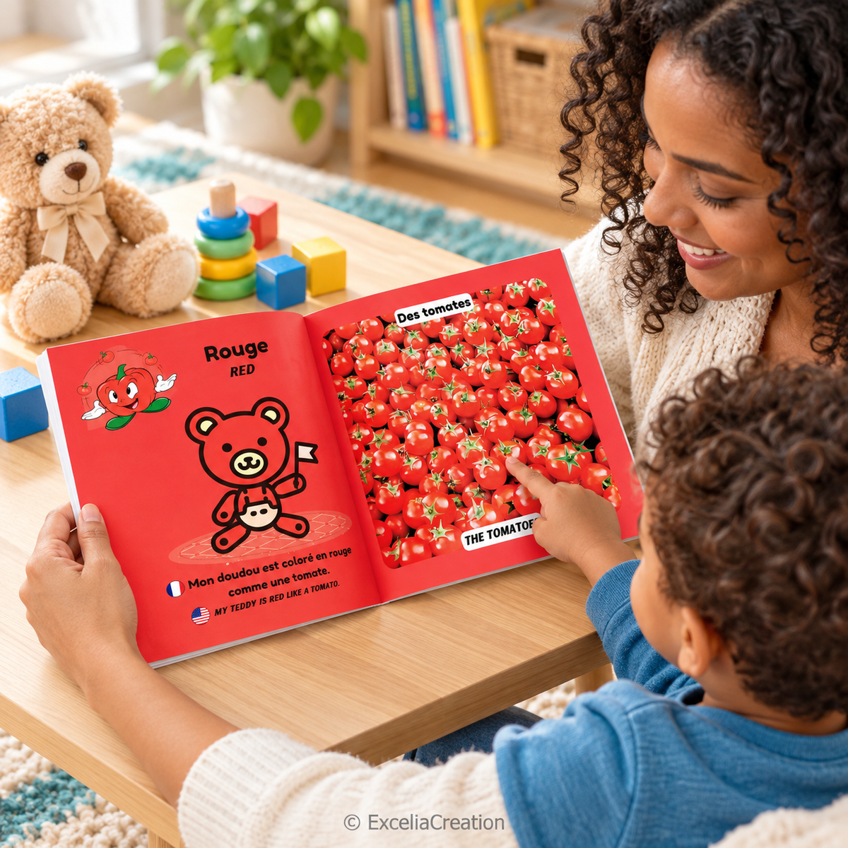 Mère et enfant découvrant le rouge et les tomates