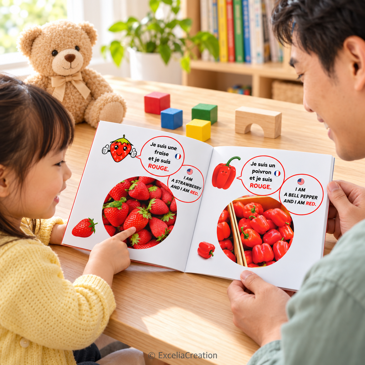 Père et fille découvrant les fraises et poivrons rouges