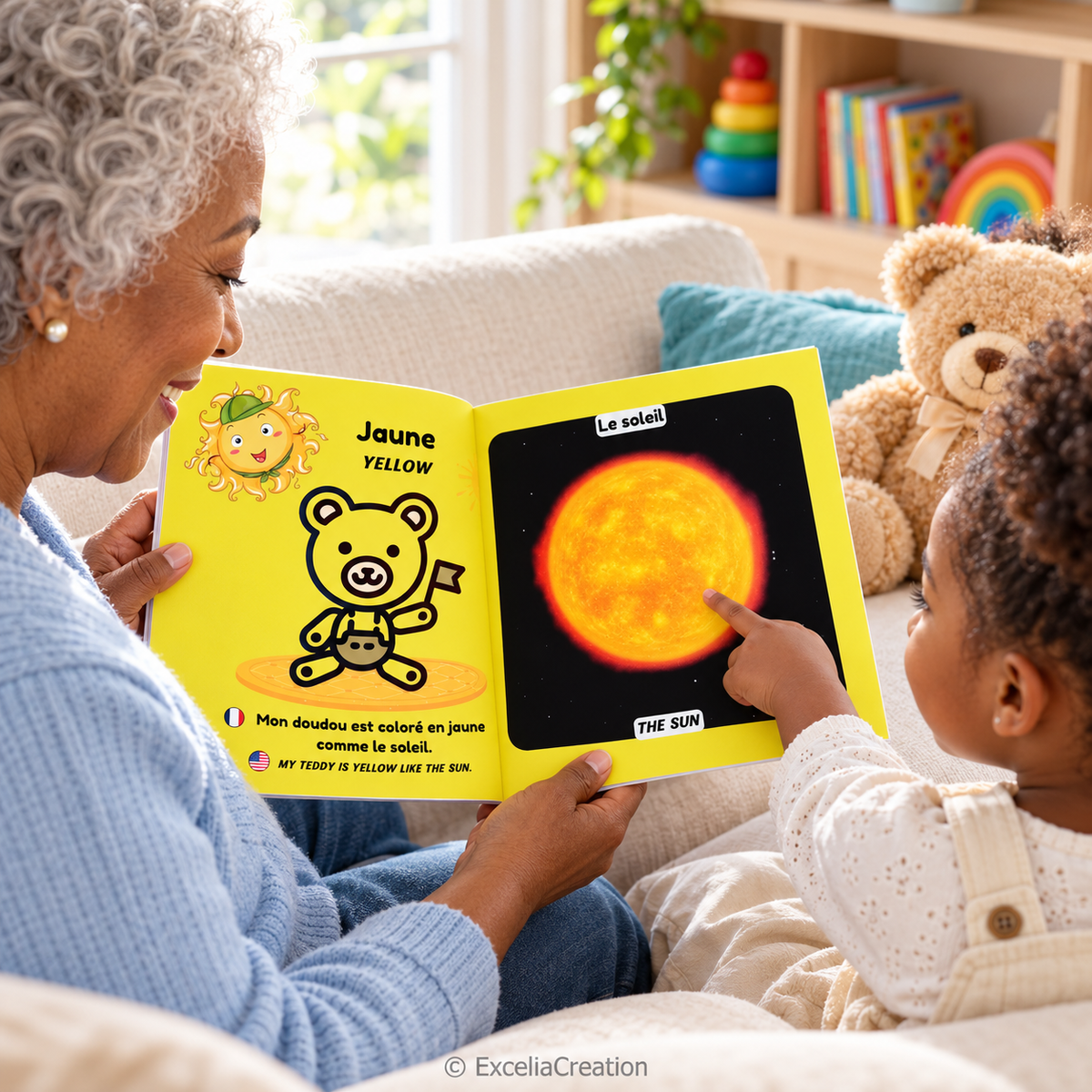 Grand-mère et enfant découvrant le jaune et le soleil
