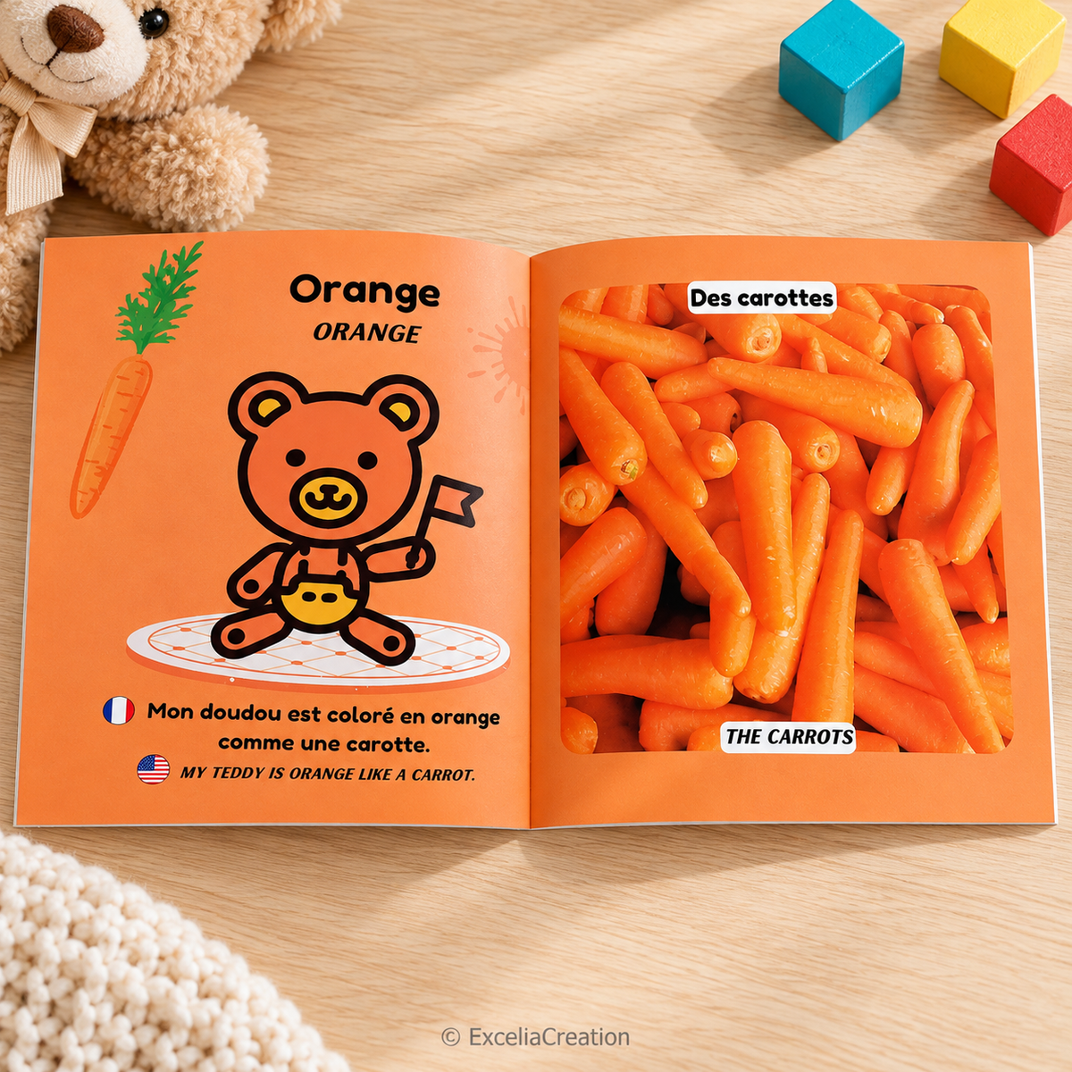 Double page bilingue orange et carottes