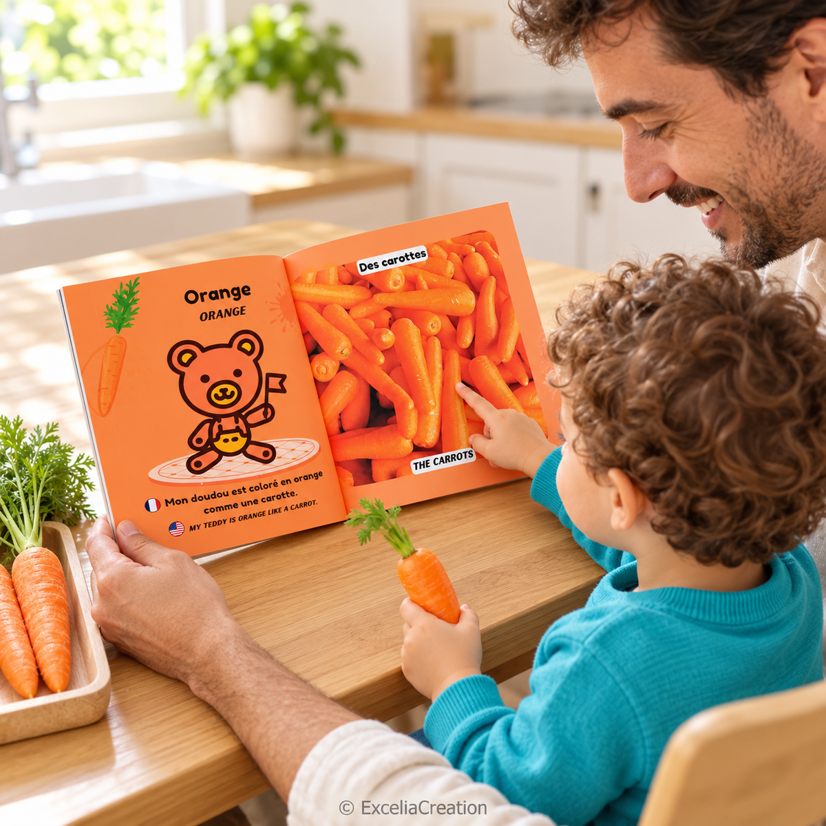 Père et enfant comparant les images à des carottes