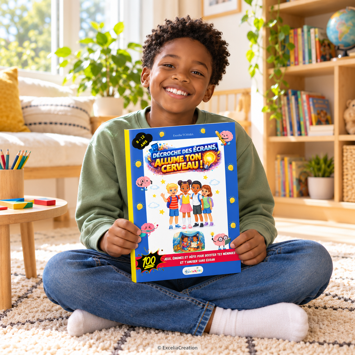 Un enfant présente son livre avec sa tranche jaune