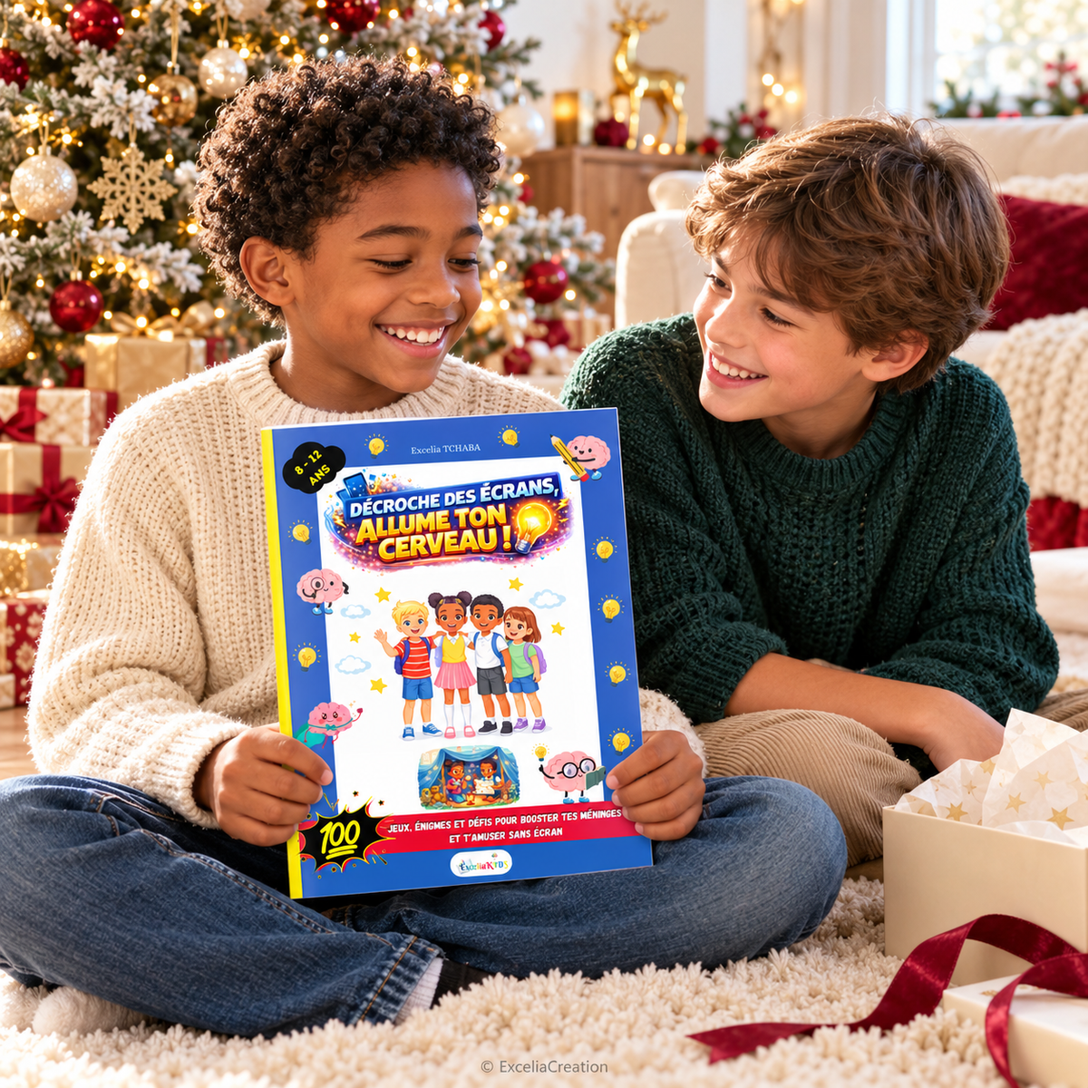 Deux enfants présentent le livre près du sapin de Noël