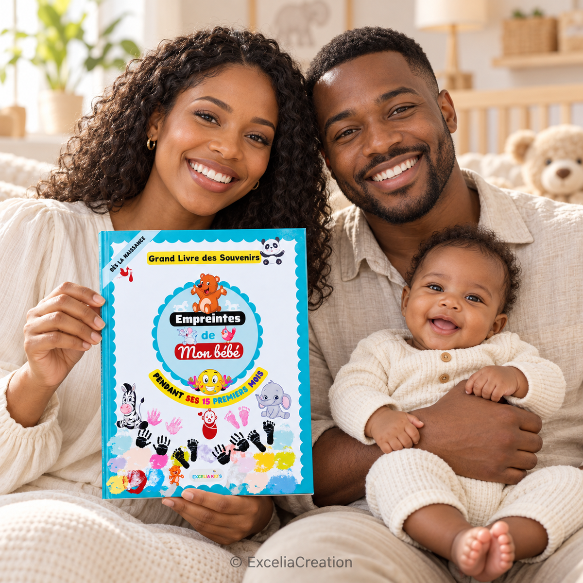 Parents et bébé avec le livre des empreintes