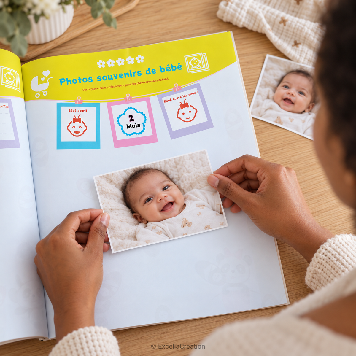 Une maman ajoute une photo à la page Photos souvenirs de bébé deux mois