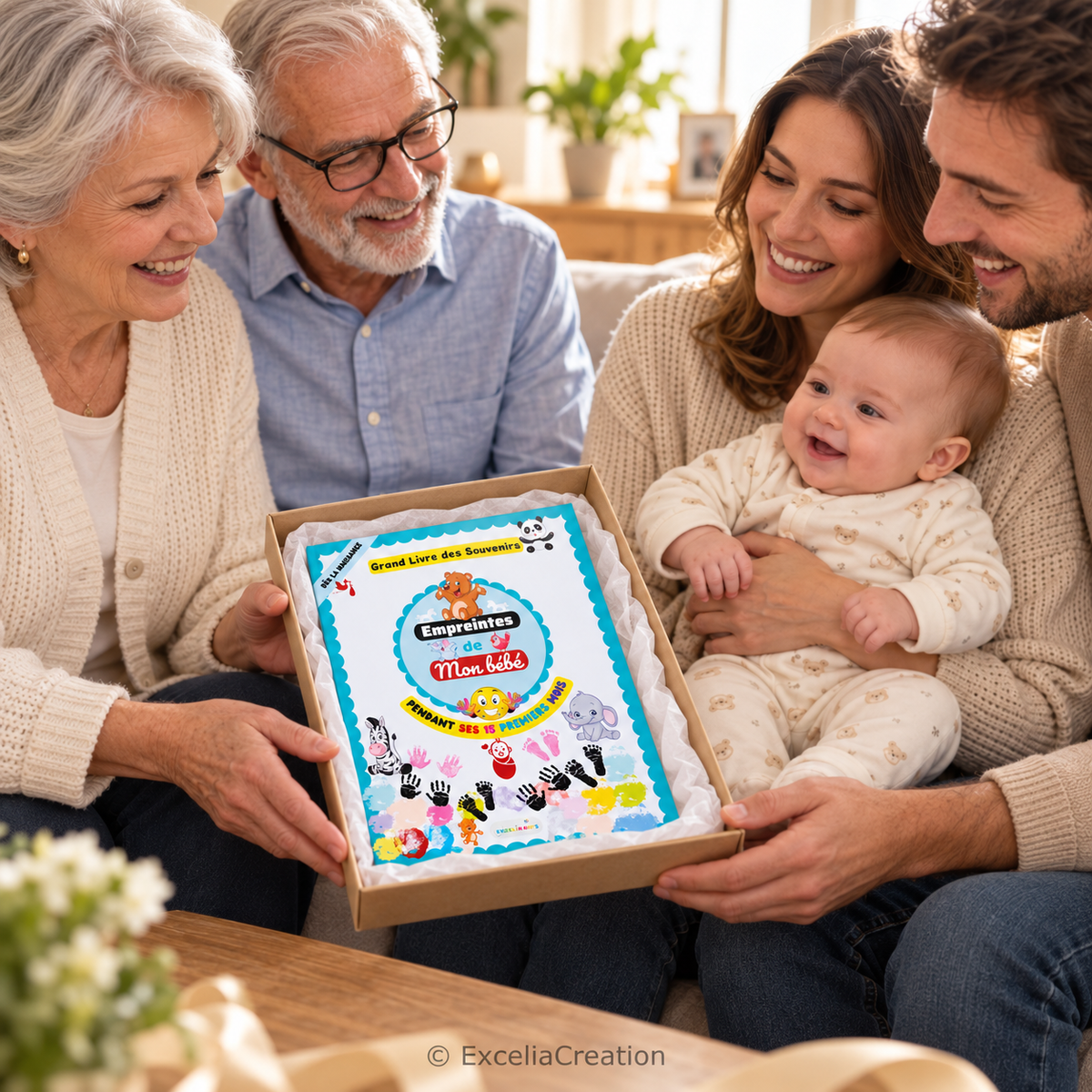Grands-parents offrant le livre A4 aux parents, boîte de mise en scène