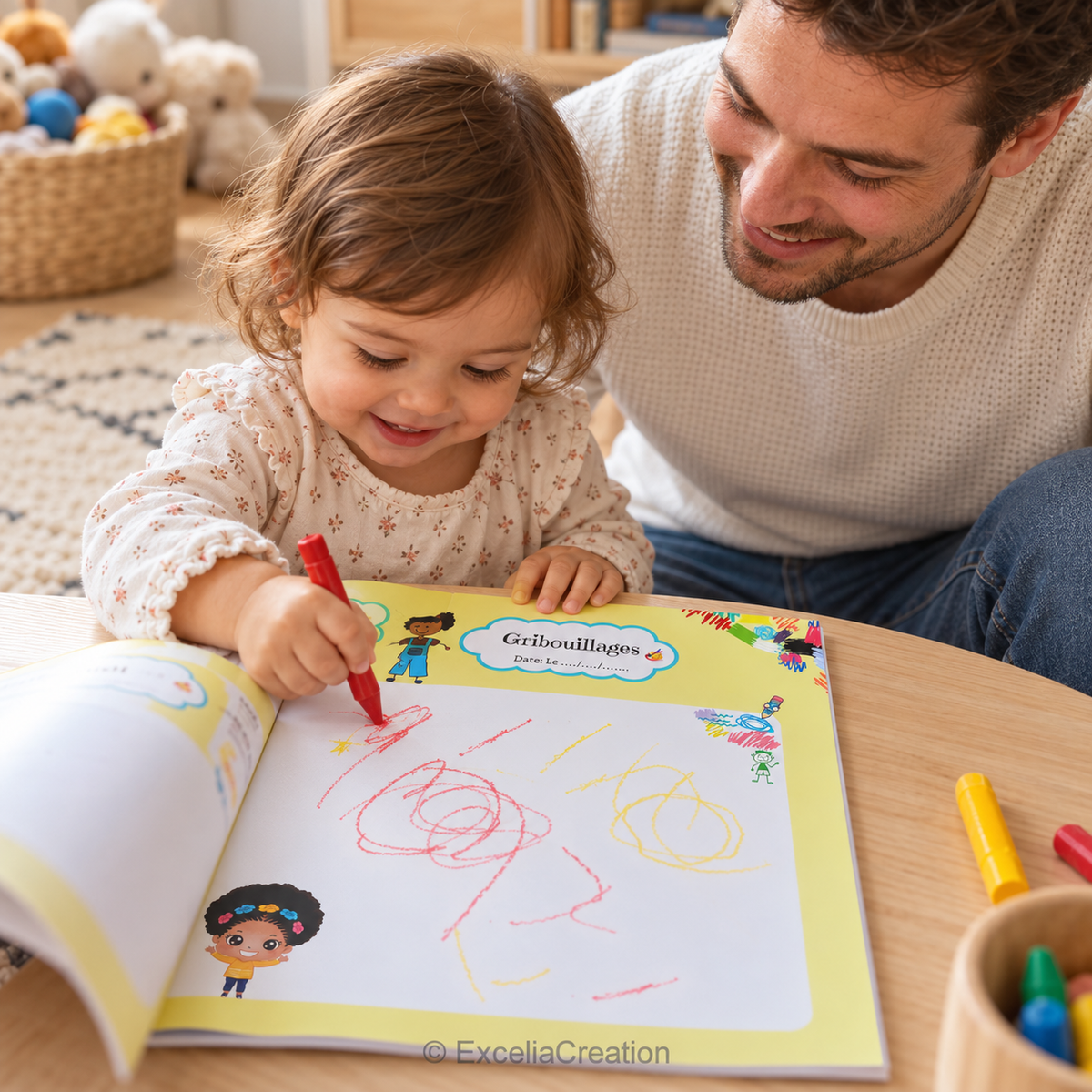 Premiers gribouillis d’une petite fille accompagnée par son papa