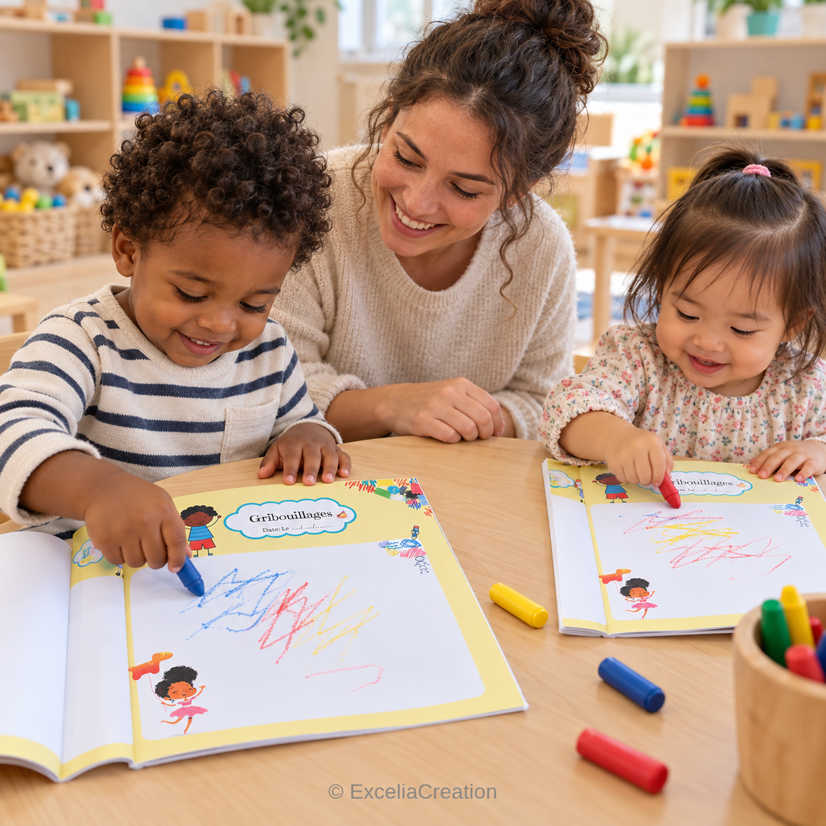 Deux enfants découvrent le dessin libre avec une éducatrice