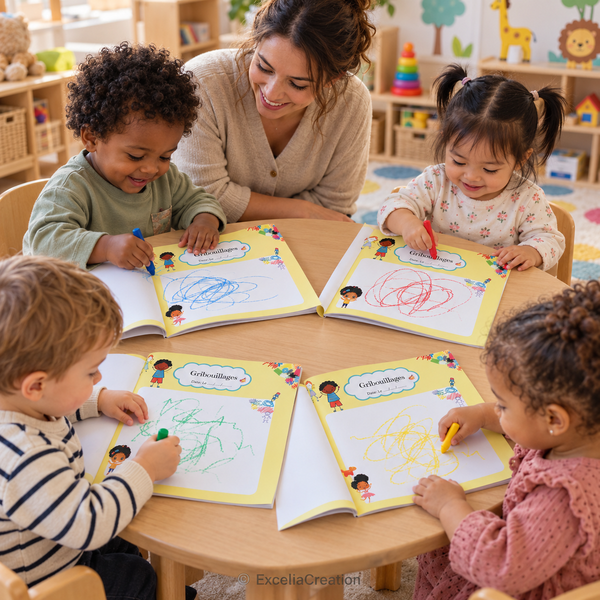 Atelier en crèche avec quatre enfants ayant chacun leur cahier