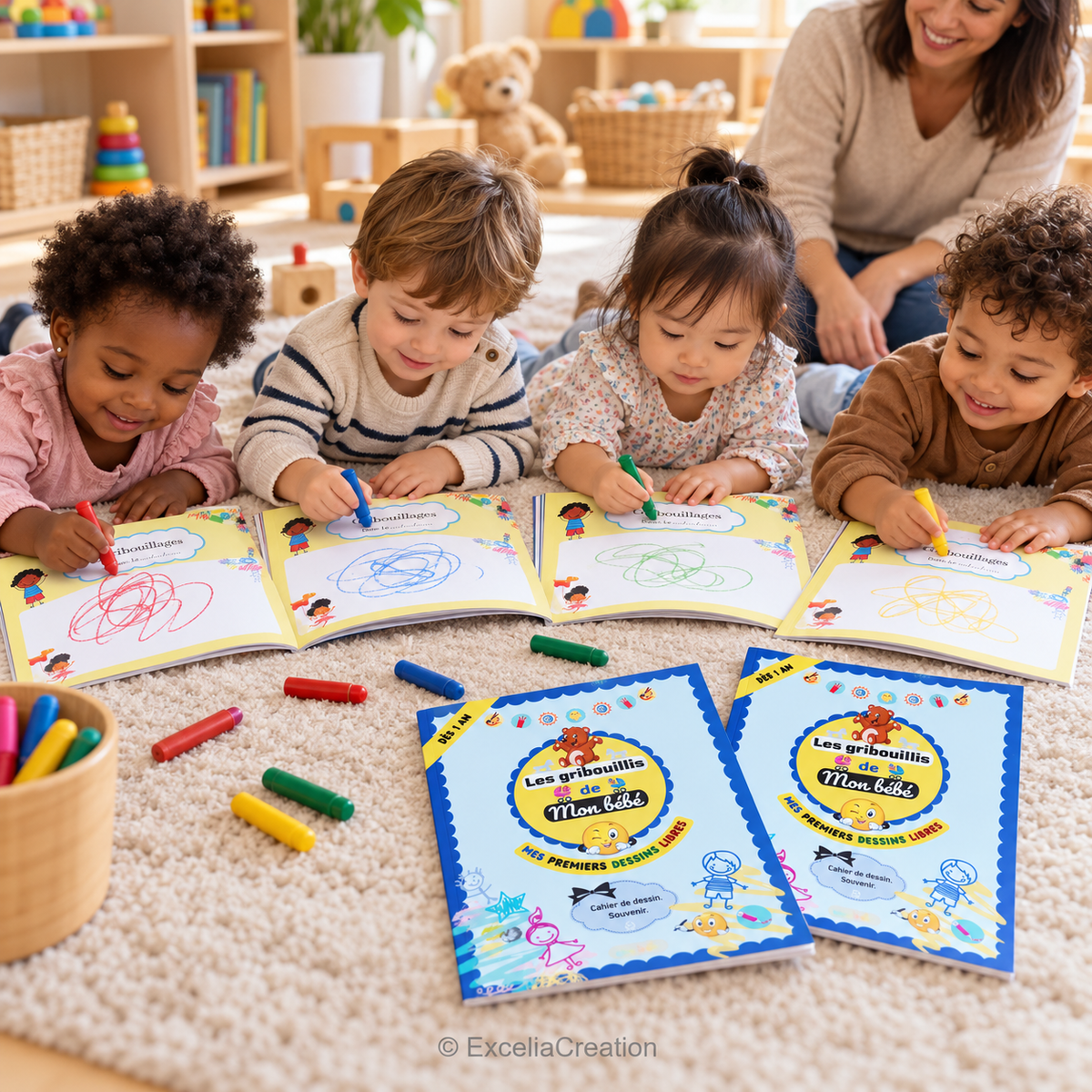 Enfants allongés en crèche gribouillant dans leurs cahiers