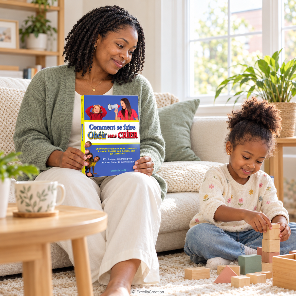 Une maman tient le guide pendant que sa fille joue