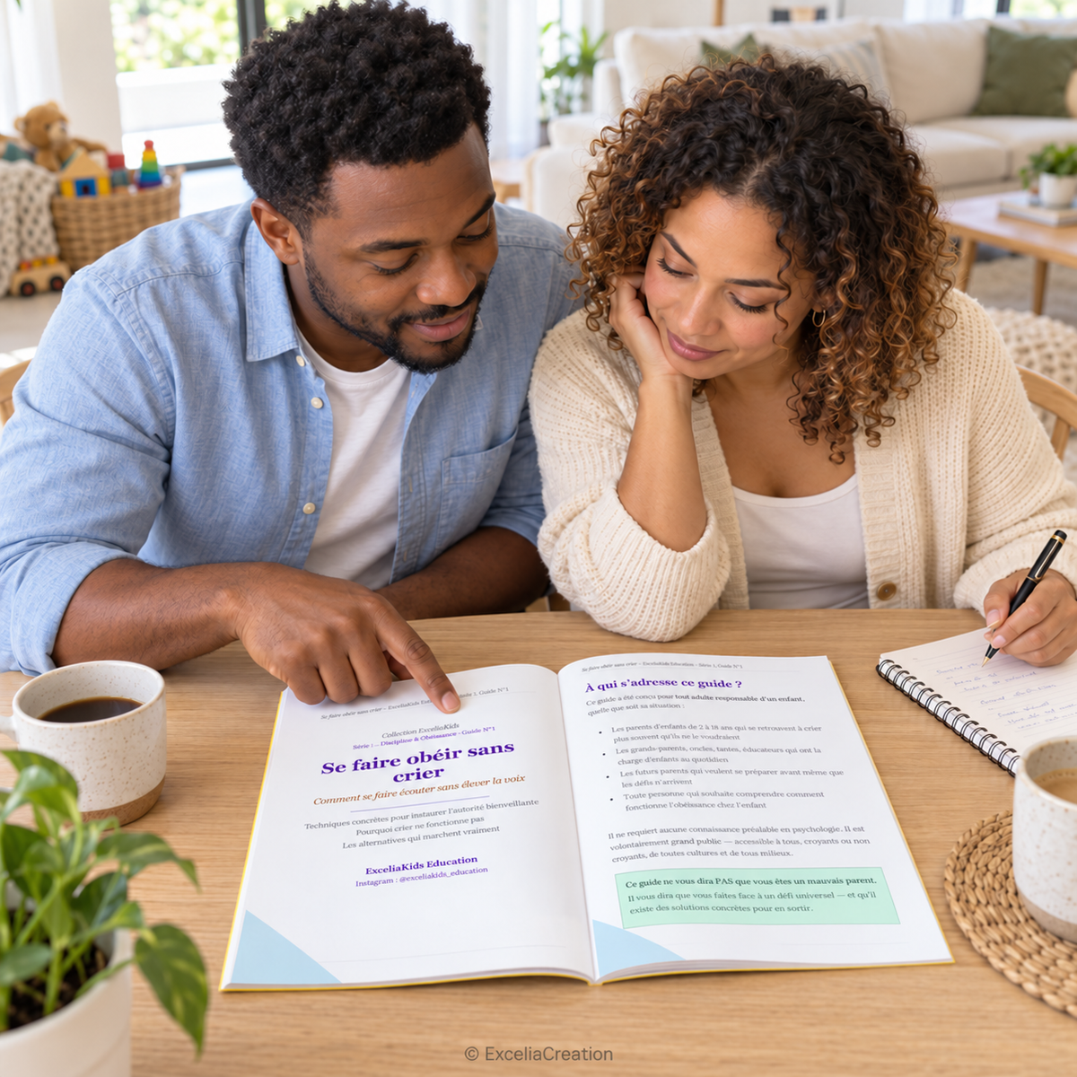 Deux parents étudient le guide ensemble et prennent des notes