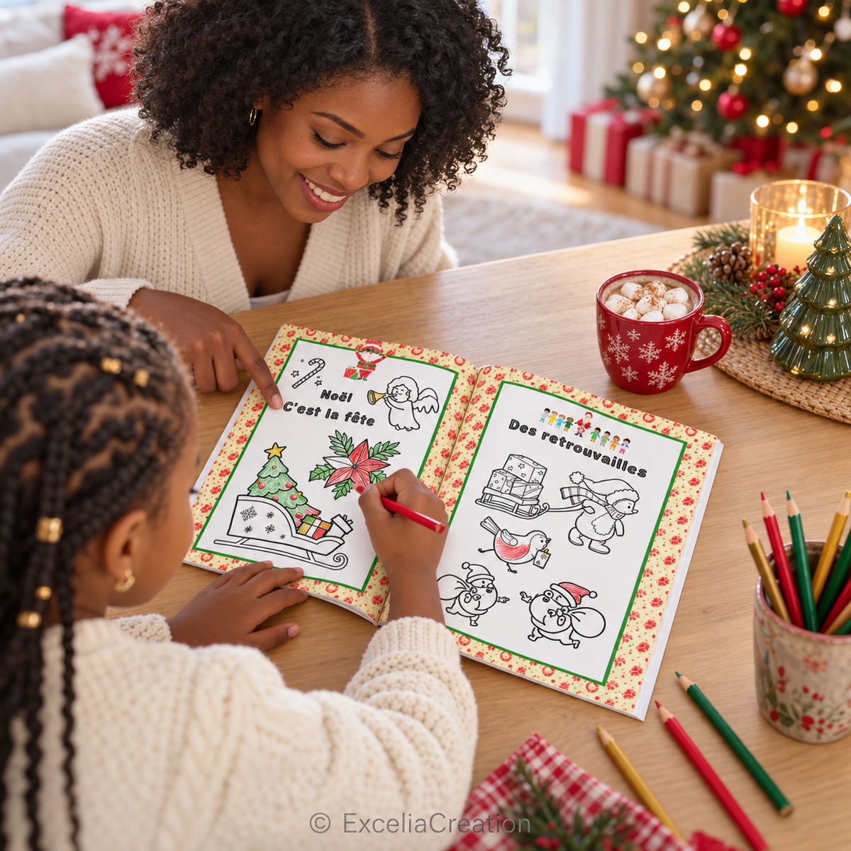 Mère et fille partageant un coloriage de Noël