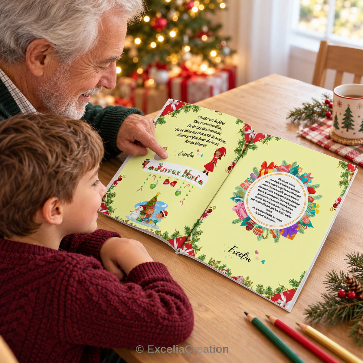 Grand-père et petit-fils découvrant le livre de Noël