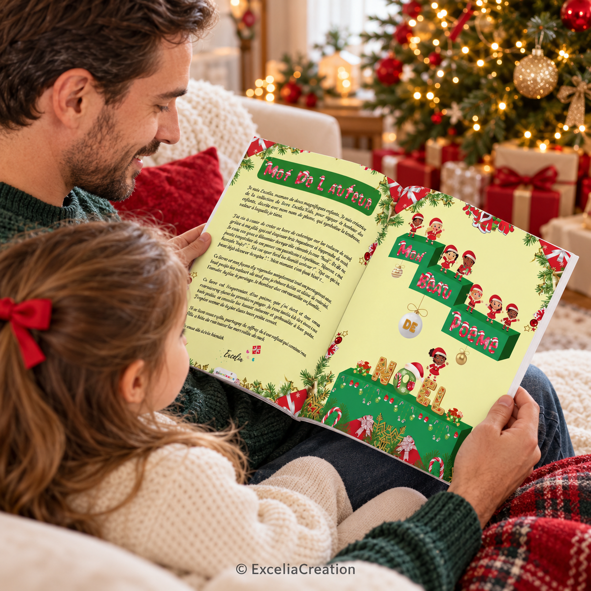Père et fille découvrant Mon beau poème de Noël