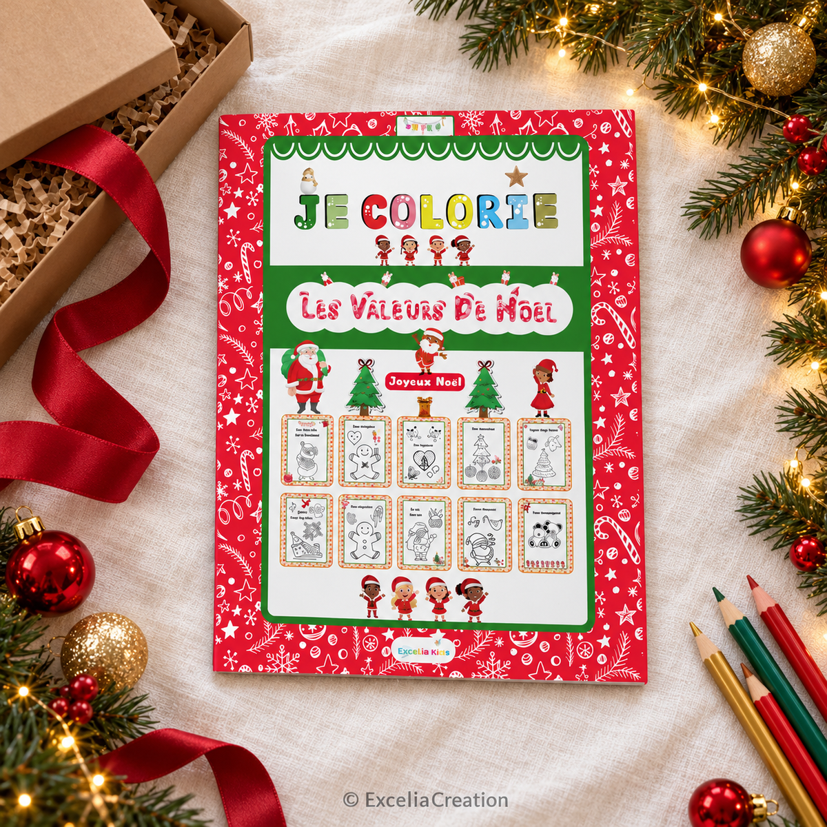 Livre de coloriage Les valeurs de Noël présenté comme cadeau