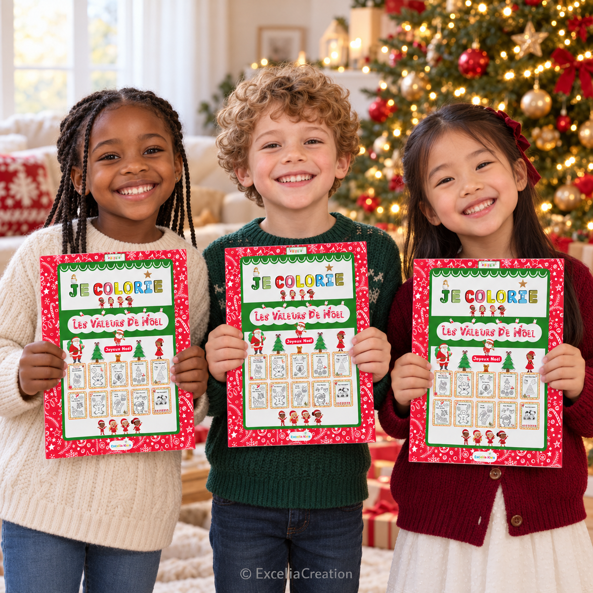 Trois enfants tenant leurs livres de coloriage près du sapin de Noël