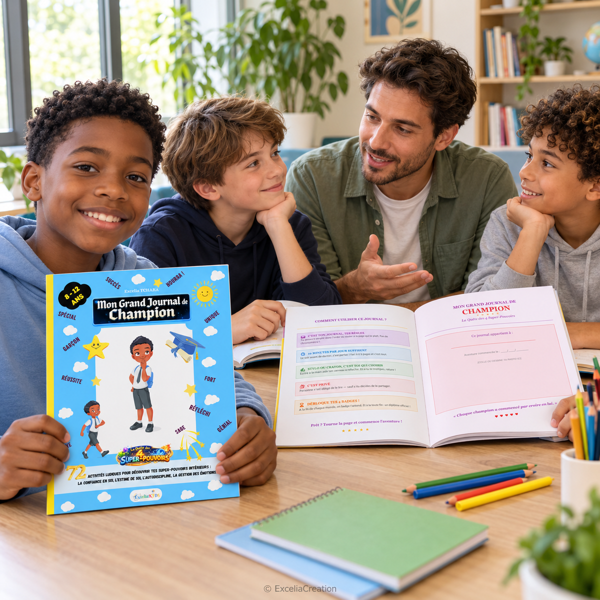 Atelier de préados avec un animateur et les journaux de Champion